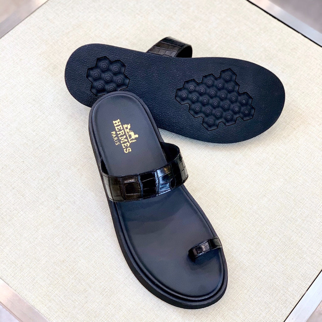 HM Men's Open-toe Sandals Black Rubber Sheepskin 561660