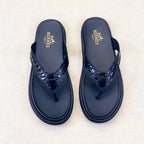 HM Men's Thong Sandals Black Rubber Sheepskin 561664