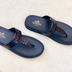 HM Men's Thong Sandals Brown Black Rubber Sheepskin 561666