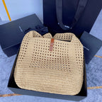 le 5a7 large 30cm woven raffia brown calfskin