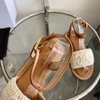 LYMPIA SANDAL IN WHITE TRIOMPHE MACCRAMÃ‰ COTTON AND TAN CALFSKIN