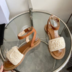 LYMPIA SANDAL IN WHITE TRIOMPHE MACCRAMÃ‰ COTTON AND TAN CALFSKIN