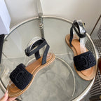 LYMPIA SANDAL IN BLACK TRIOMPHE MACCRAMÃ‰ COTTON AND CALFSKIN