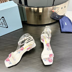 PRA TRIANGLE HEEL FLOWER MOTIF SATIN SANDALS WHITE