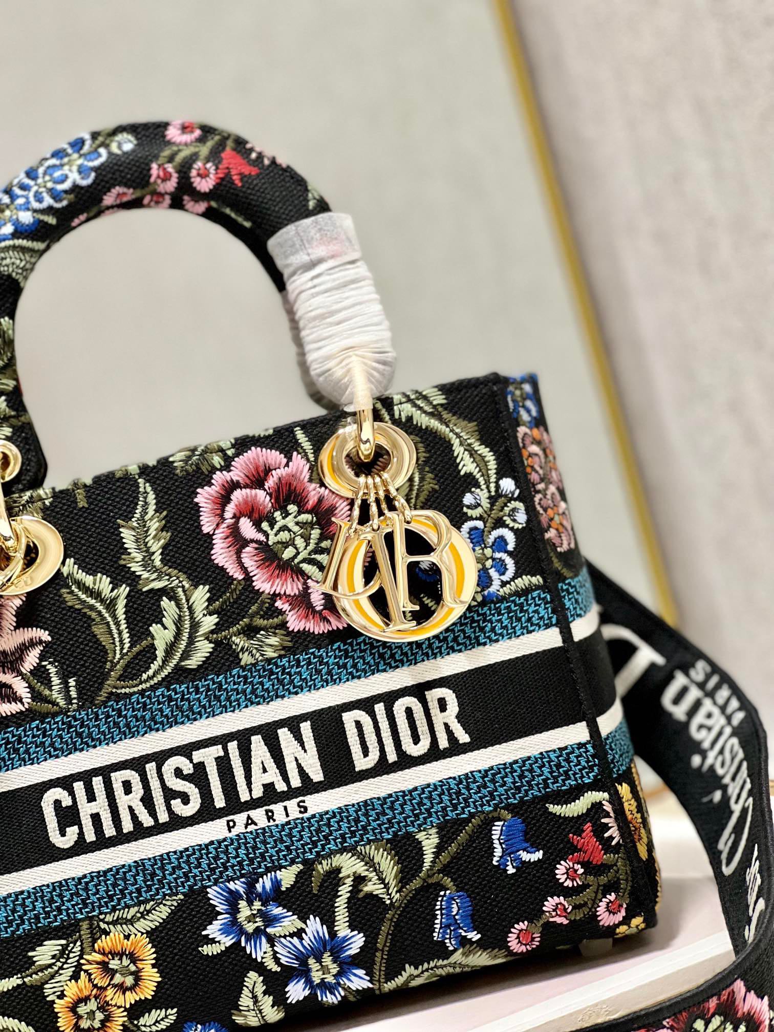 CD Flower Black Lady Dior Bag Canvas 336670
