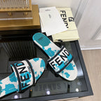 FENDI FLORAL SLIDES IN BLUE MIX WHITE FABRIC