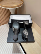 CC HIGH HEEL BLACK SATIN WITH WHITE RHINESTONES