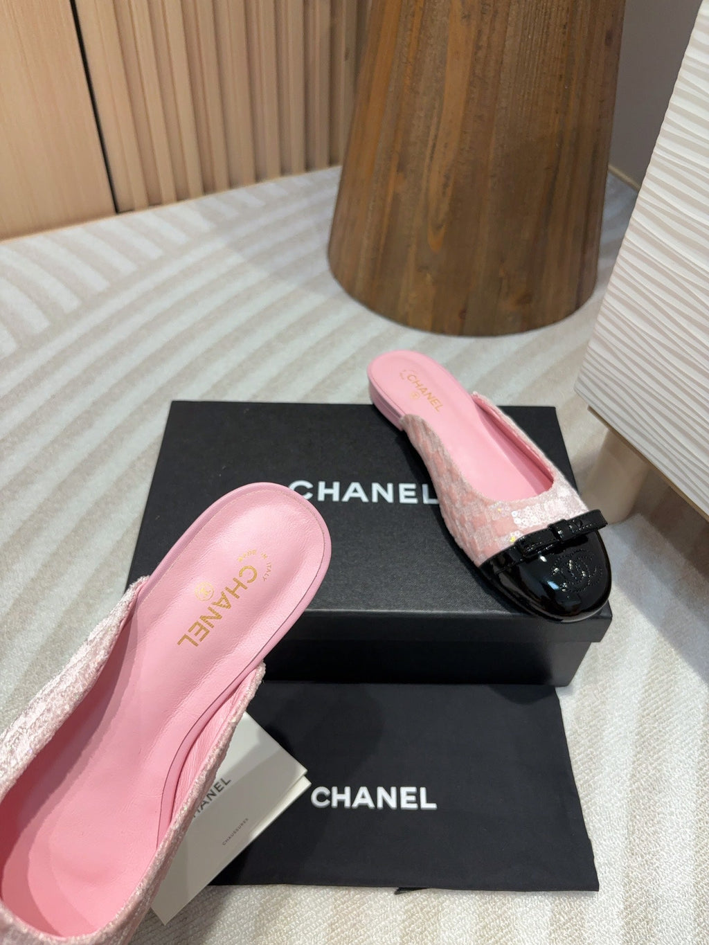 cc mule pink tweed sequin black patent calfskin