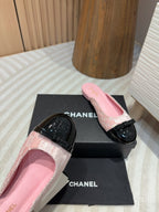 cc mule pink tweed sequin black patent calfskin