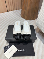 cc mule white tweed black patent calfskin