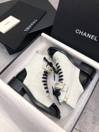 CC Short Boots 45mm In White Mix Black Quilted Lambskin And Glossy Cowhide 950036