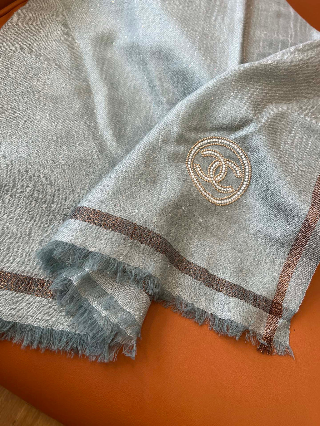 CC Square Scarf 100 CM In Grey Blue Cashmere And Wool Mix Sequin Fabric 345993