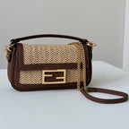 FENDI BAGUETTE 20 BAG IN BEIGE RAFFIA AND BROWN CALFSKIN WITH GOLD HARDWARE