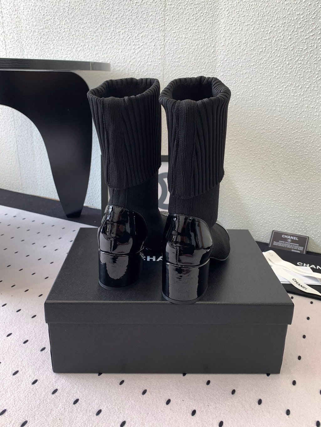 CC Short Boots 55mm Black Wool Mix Glossy Cowhide 938066