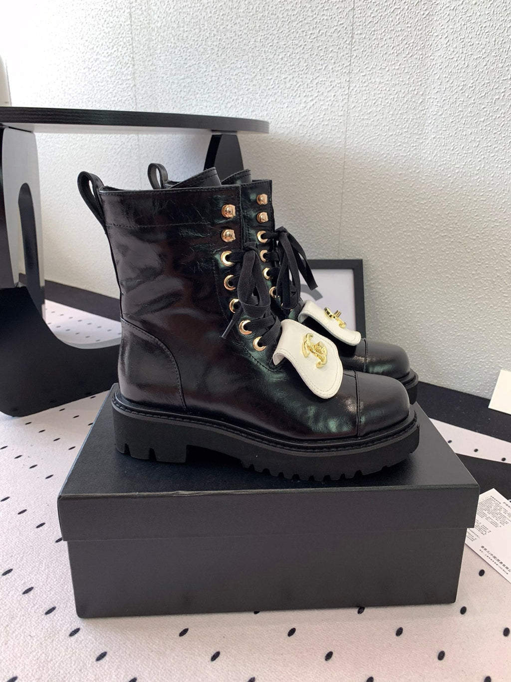 CC Short Boots In Black Mix White Logo Print Lambskin 938059
