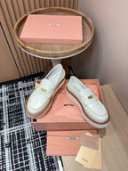 Miu Loafers Coin Shaped Thick Sole White With Brown Border Cowhide