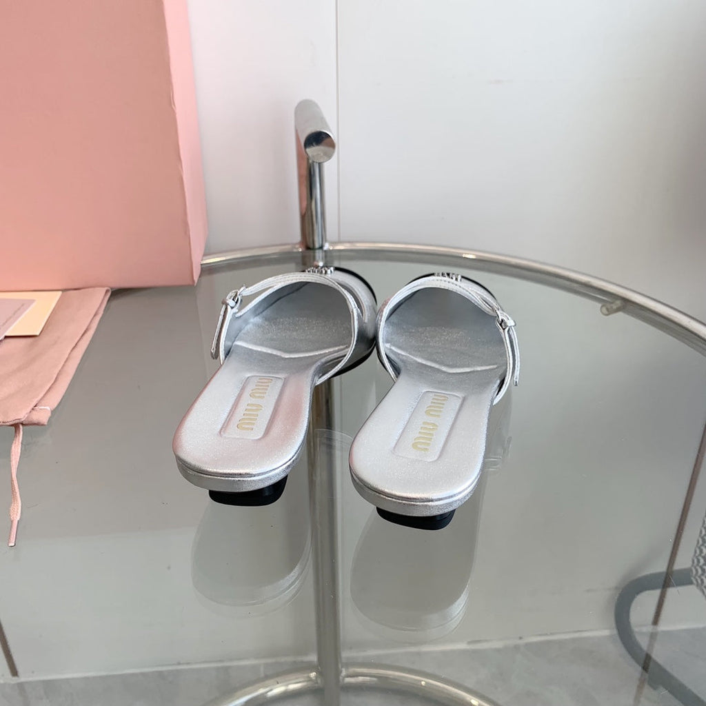 Miu Sandals Square Heel Shoes Silver Leather