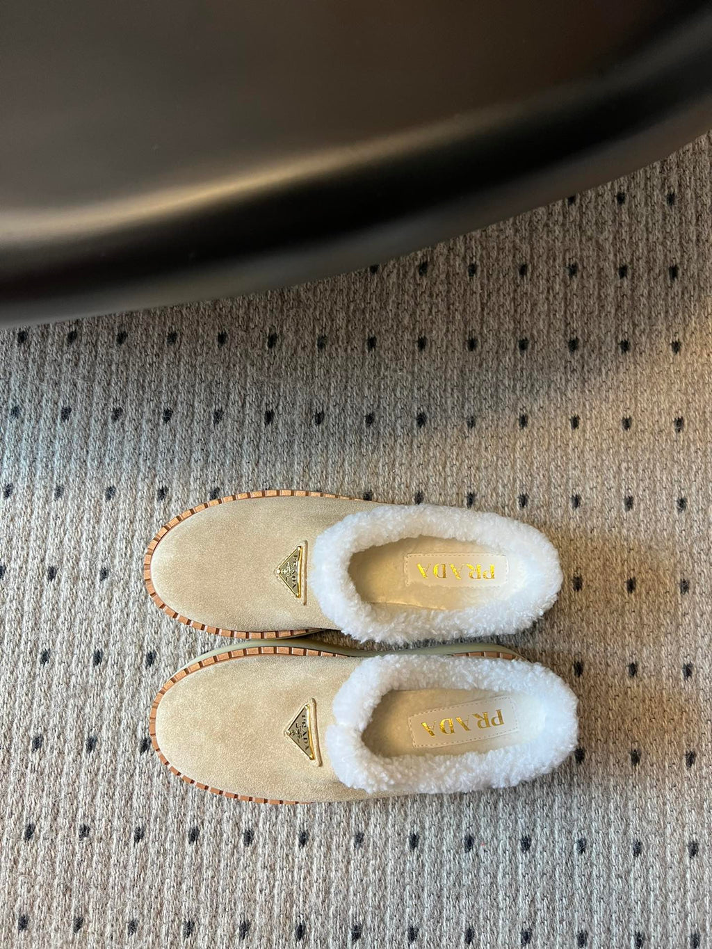 Prada 25s Furry Half-Cover Slippers Beige Suede And Wool 538429