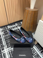 CC Ballet Flats Dark Blue Silk Flowers And Lambskin
