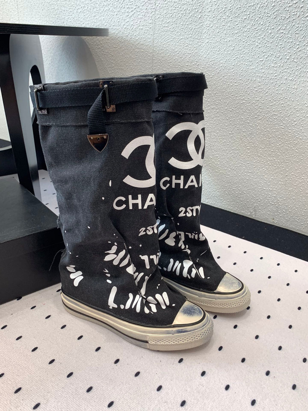 CC High-Top Canvas Boots Black White Denim Fabric  938046