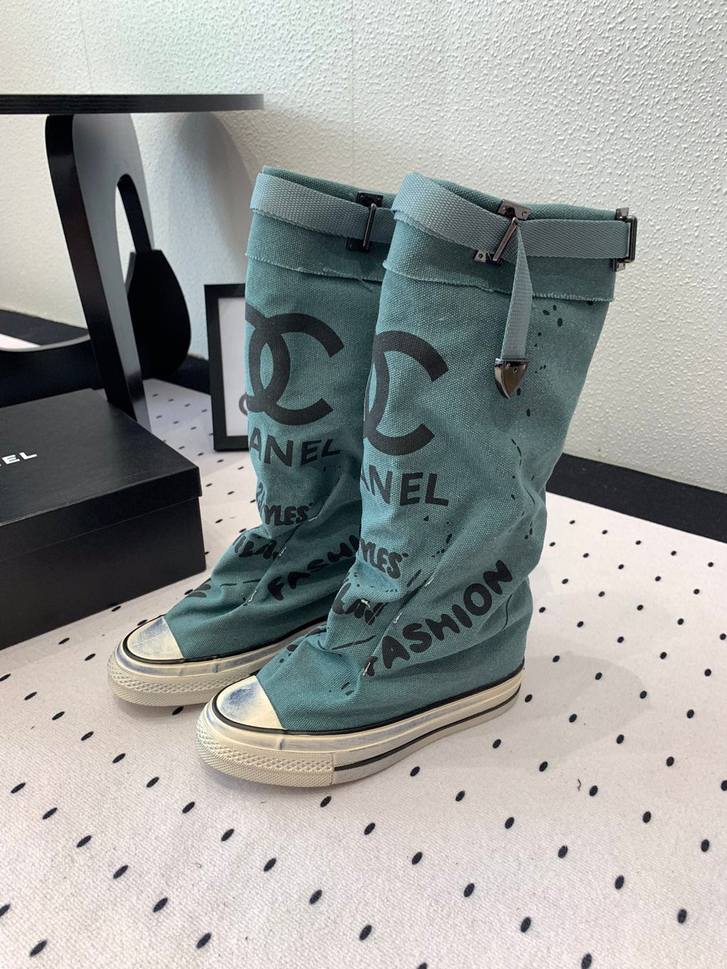 CC High-Top Canvas Boots Turquoise Black Denim Fabric 938047