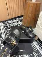 CC Mule 30mm In Black Wool Tweed And Lambskin Gold Hardware