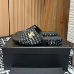 CC Mule 30mm In Black Mix White Wool Tweed And Lambskin