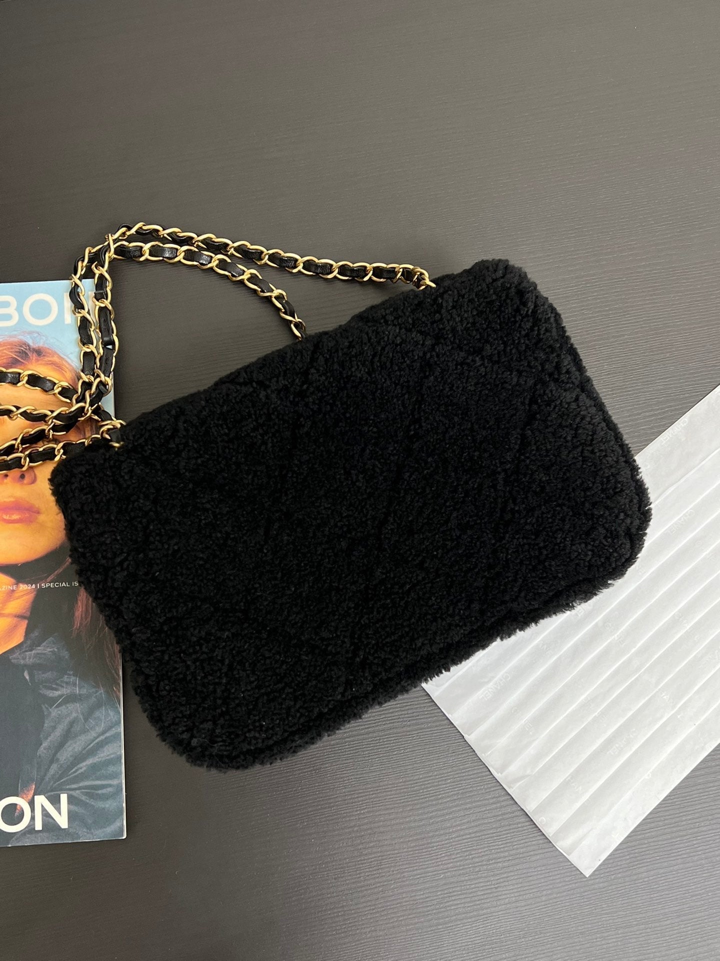 Flap Bag Small 23cm Black Sherling Lambskin Gold Hardware