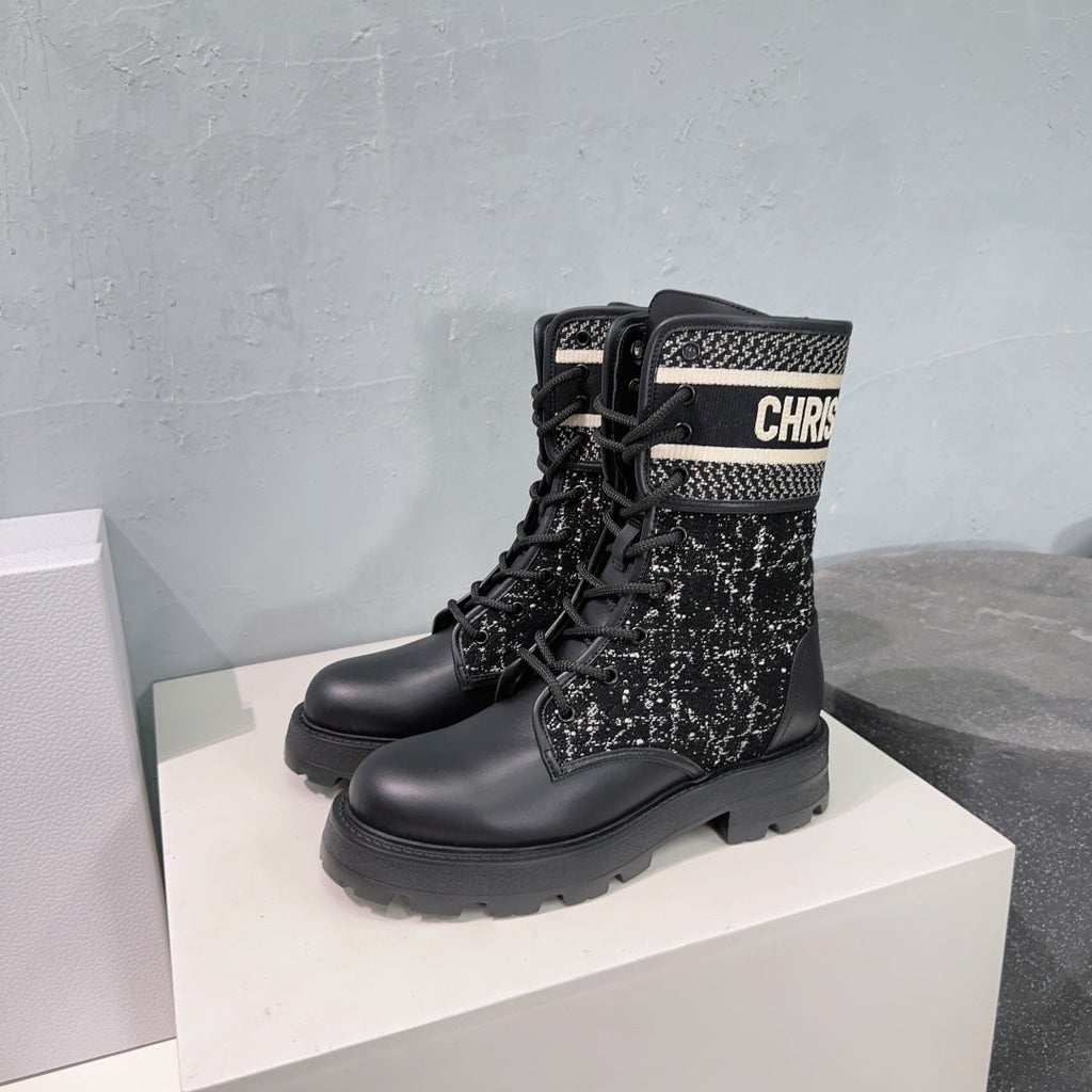 CD Major Ankle Boots Black White Calfskin And Fabric Canvas