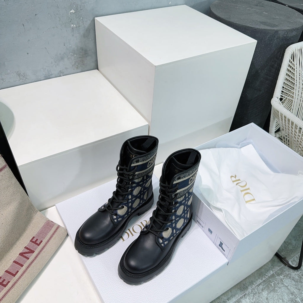 CD Major Ankle Boots Black Navy Blue Calfskin And Fabric Canvas
