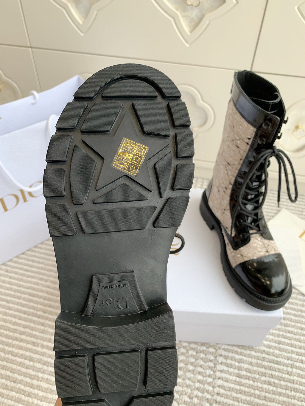 CD D-Unit Ankle Boot In Beige Mix Black Tweed Fabric And Glossy Cowhide 105088