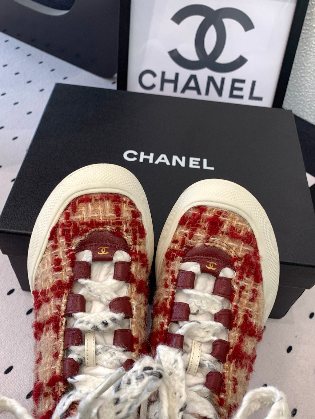 CC Sneaker Boots In Red Mix Beige Tweed Fabric 147111