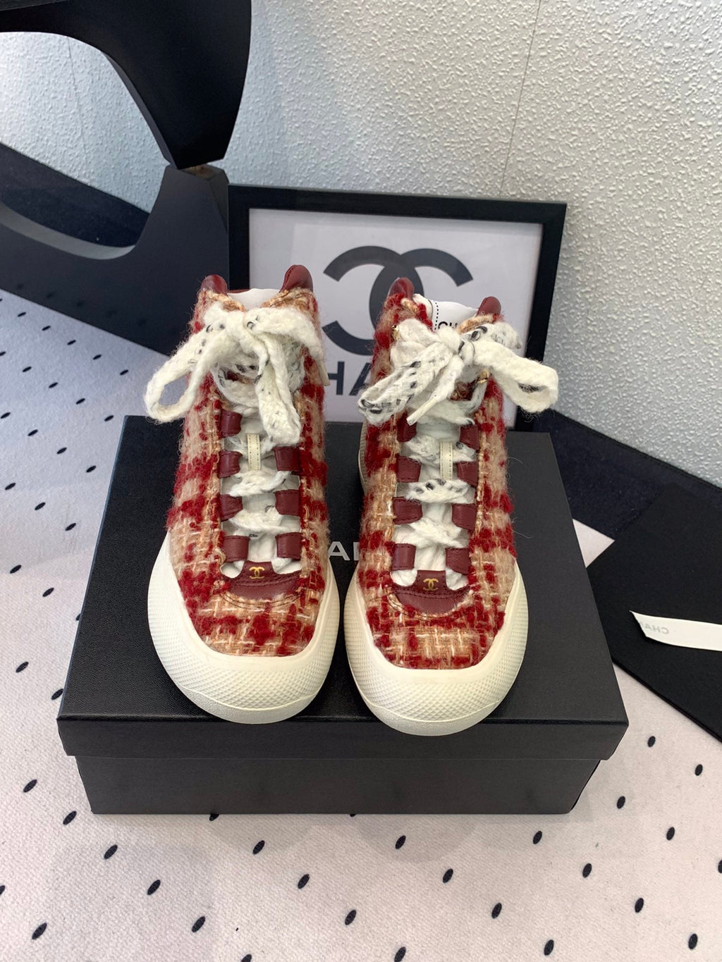 CC Sneaker Boots In Red Mix Beige Tweed Fabric 147111