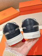 HM 25ss Kelly Buckle Sneakers Navy Blue Gray Cowhide Canvas 577489