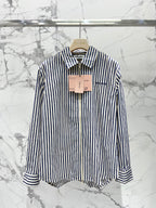Miu Miu Striped Letter Embroidered Shirt Blue White Cotton