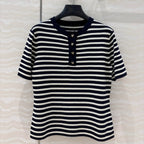 CD Striped Round-neck Knitted Top Navy Blue White Tencel