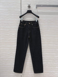 LV 25 Jacquard Logo Denim Trousers Black Cotton