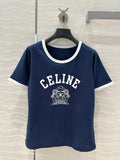 Celine 25 Arc de Triomphe Letter Short Sleeve T-shirt Navy Blue mix White Cotton