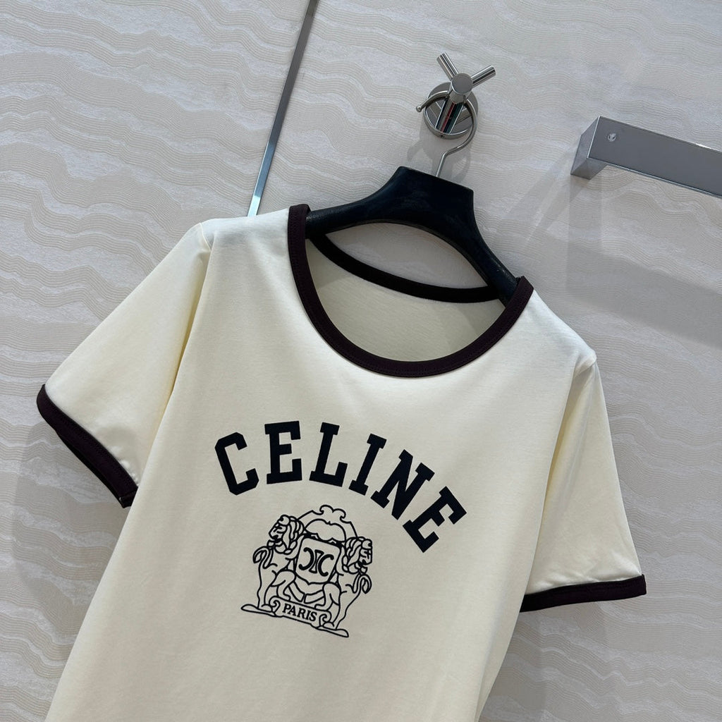 Celine 25 Arc de Triomphe Letter Short Sleeve T-shirt Off-white mix Black Cotton