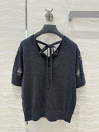 Fendi Beaded Flower V-neck Knitted Small Top Black Gray Wool
