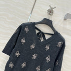 Fendi Beaded Flower V-neck Knitted Small Top Black Gray Wool