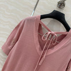 Fendi Beaded Flower V-neck Knitted Small Top Pink Wool