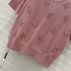 Fendi Beaded Flower V-neck Knitted Small Top Pink Wool
