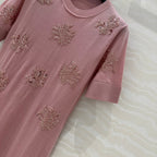 Fendi Beaded Flower Knitted Dress Pink Wool
