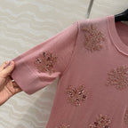 Fendi Beaded Flower Knitted Dress Pink Wool