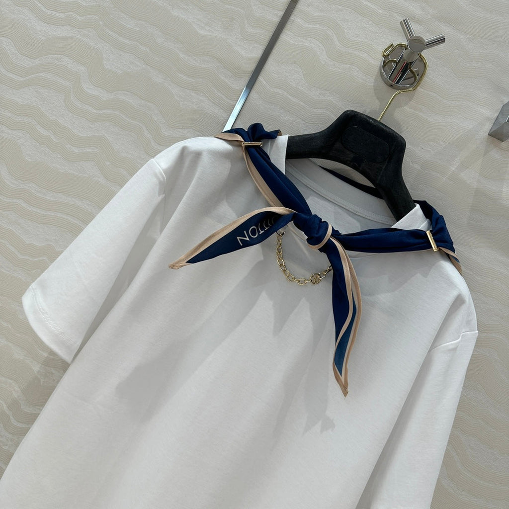 LV High-Sense Silk Scarf T-shirt Black White Cotton