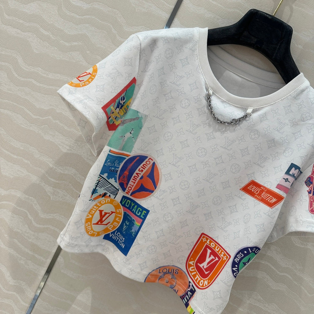 LV  Pattern Logo Positioning Poster Badge Printed  Croptop Shirt White Cotton