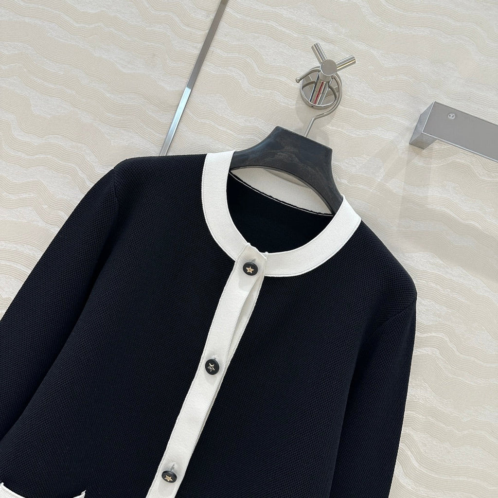 CD Round Neck Cardigan Jacket Black Wool Cotton
