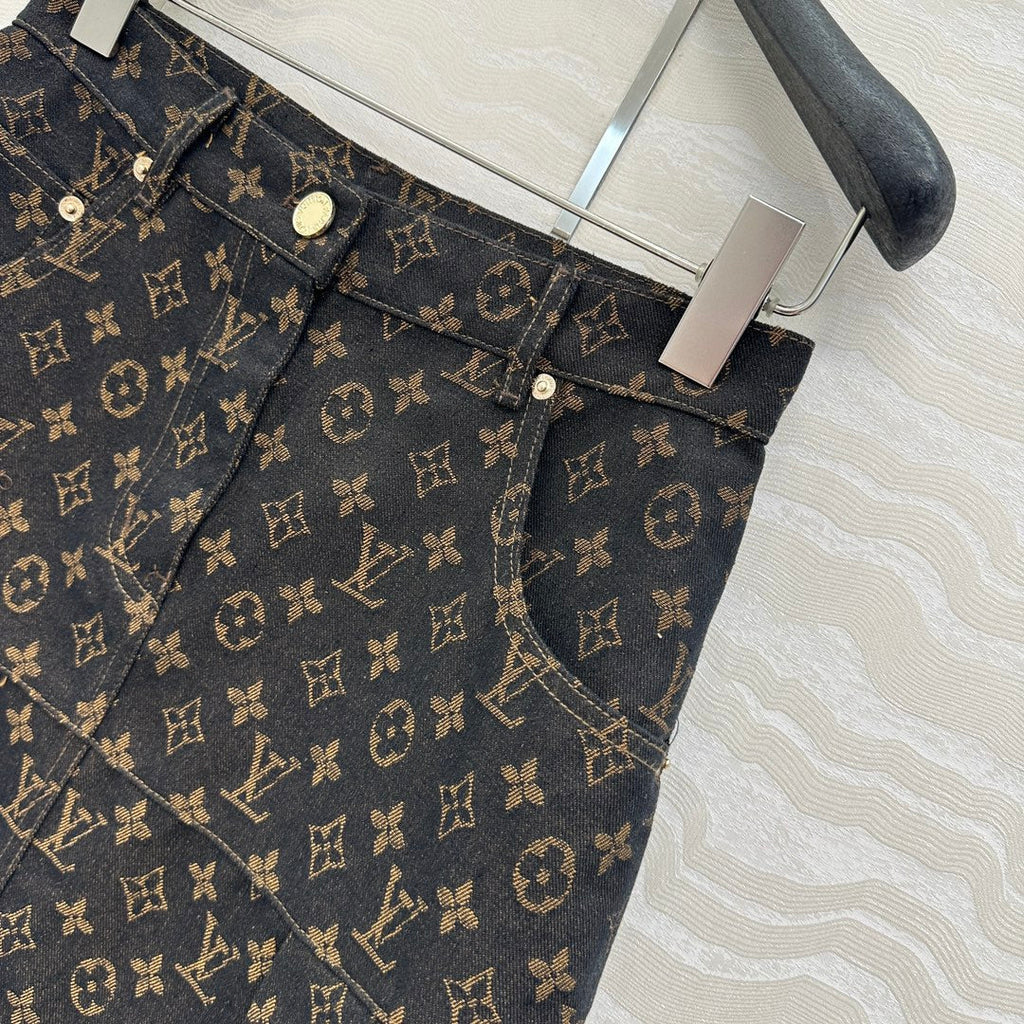 LV 25 Classic Logo Denim Skirt Black Cotton