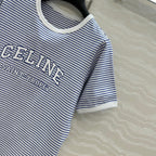 Celine 25 Striped Letter Short-sleeved T-shirt Blue White Cotton